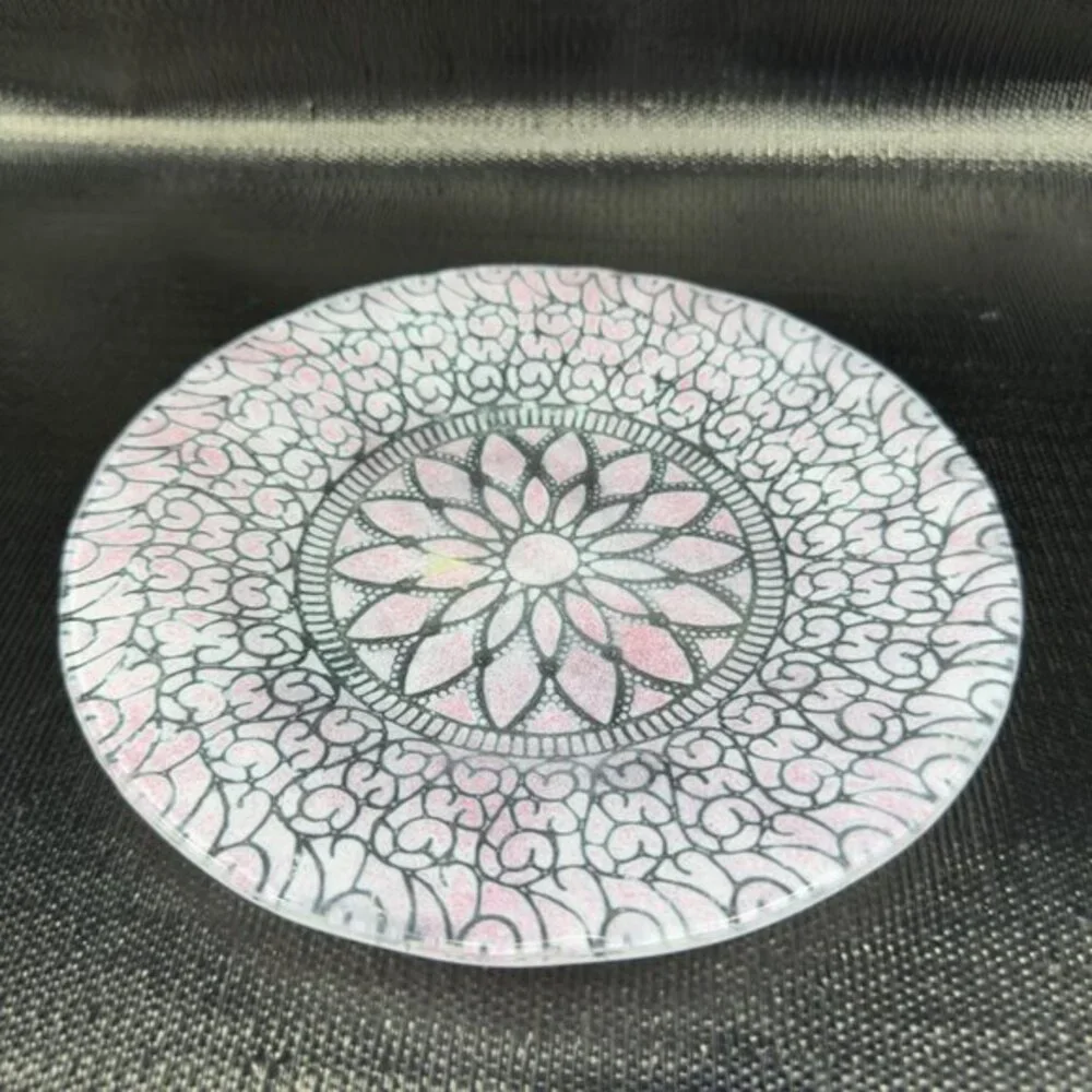 Sydenstricker Pink Fused Art Glass Dish‎ Plate 8.5inch Wide Floral Pattern Dish
